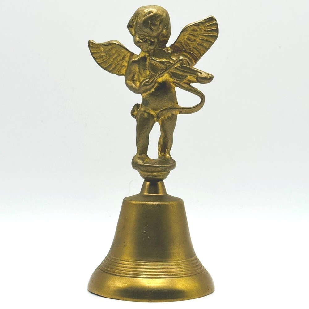 Vintage‎ Brass Cherub Angel Bell Violin Player Hand Bell Cupid Figurine Decor